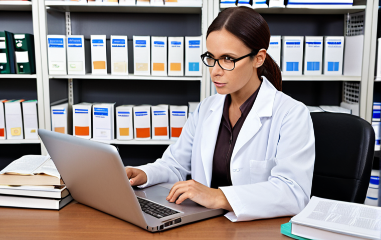 **Image Prompt:** A confident pharmacist updating knowledge with online resources, surrounded by books, professional journals, and a laptop displaying a webinar. The scene should convey a sense of continuous learning and professional development.