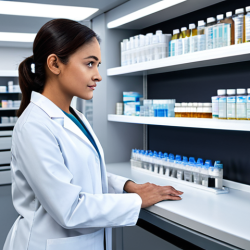 Home 6 A professional female pharmacist, wearing a modest, clean white lab coat and professional dress, stands in a modern, well-lit pharmacy. She is observing an advanced robotic dispensing system that is efficiently sorting and retrieving medications in the background. Her posture is natural and attentive, with perfect anatomy and correct proportions, showcasing well-formed hands. The scene emphasizes efficiency and technological integration. safe for work, appropriate content, fully clothed, professional, high-quality studio lighting, clear focus, natural body proportions.