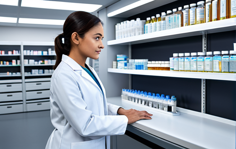 A professional female pharmacist, wearing a modest, clean white lab coat and professional dress, stands in a modern, well-lit pharmacy. She is observing an advanced robotic dispensing system that is efficiently sorting and retrieving medications in the background. Her posture is natural and attentive, with perfect anatomy and correct proportions, showcasing well-formed hands. The scene emphasizes efficiency and technological integration. safe for work, appropriate content, fully clothed, professional, high-quality studio lighting, clear focus, natural body proportions.