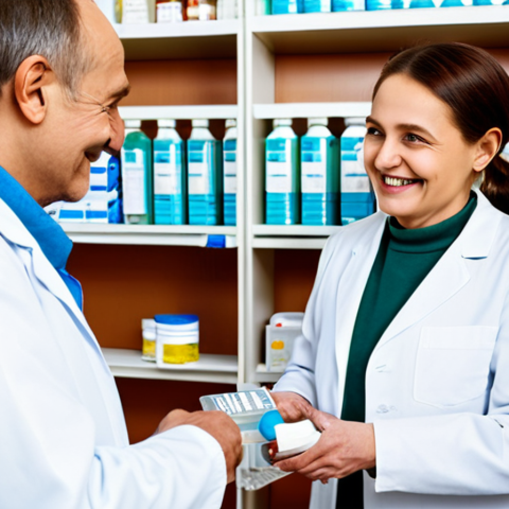 **

"A professional pharmacist in a modern, clean Russian pharmacy, assisting a senior citizen with their medication. The pharmacist is fully clothed in a lab coat and smiling kindly. The senior citizen is dressed warmly in appropriate, modest attire. Shelves of medicine are visible in the background. Safe for work, appropriate content, family-friendly, perfect anatomy, natural proportions, professional setting, well-formed hands."

**
