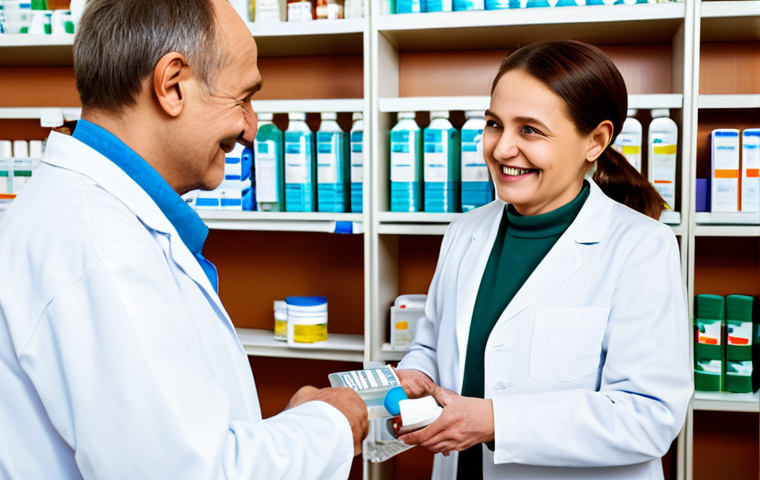 **

"A professional pharmacist in a modern, clean Russian pharmacy, assisting a senior citizen with their medication. The pharmacist is fully clothed in a lab coat and smiling kindly. The senior citizen is dressed warmly in appropriate, modest attire. Shelves of medicine are visible in the background. Safe for work, appropriate content, family-friendly, perfect anatomy, natural proportions, professional setting, well-formed hands."

**