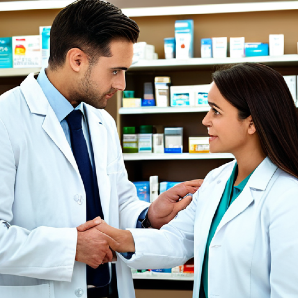 **
A pharmacist, fully clothed in a professional white coat, assisting a customer in a well-lit pharmacy, appropriate attire, safe for work, perfect anatomy, natural proportions, professional environment, modest, family-friendly. Focus on the helpful interaction.
**