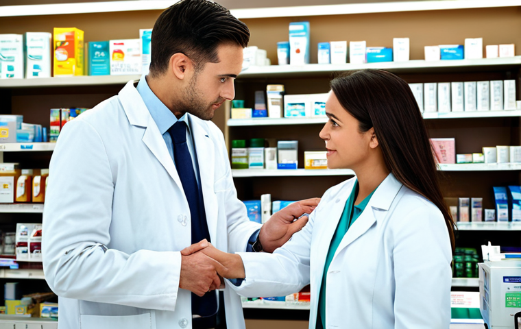 **

A pharmacist, fully clothed in a professional white coat, assisting a customer in a well-lit pharmacy, appropriate attire, safe for work, perfect anatomy, natural proportions, professional environment, modest, family-friendly. Focus on the helpful interaction.

**