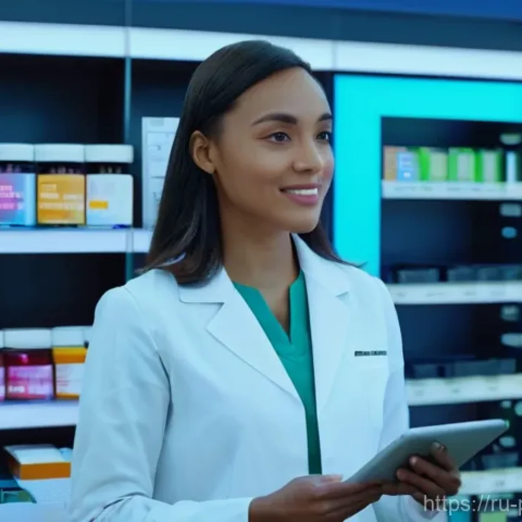약사 약물 데이터 분석 시스템 구축 - **Prompt:** A female pharmacist, mid-30s, with a warm, professional expression, standing in a bright...