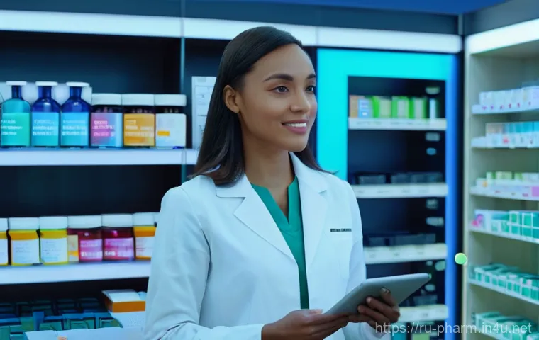 약사 약물 데이터 분석 시스템 구축 - **Prompt:** A female pharmacist, mid-30s, with a warm, professional expression, standing in a bright...