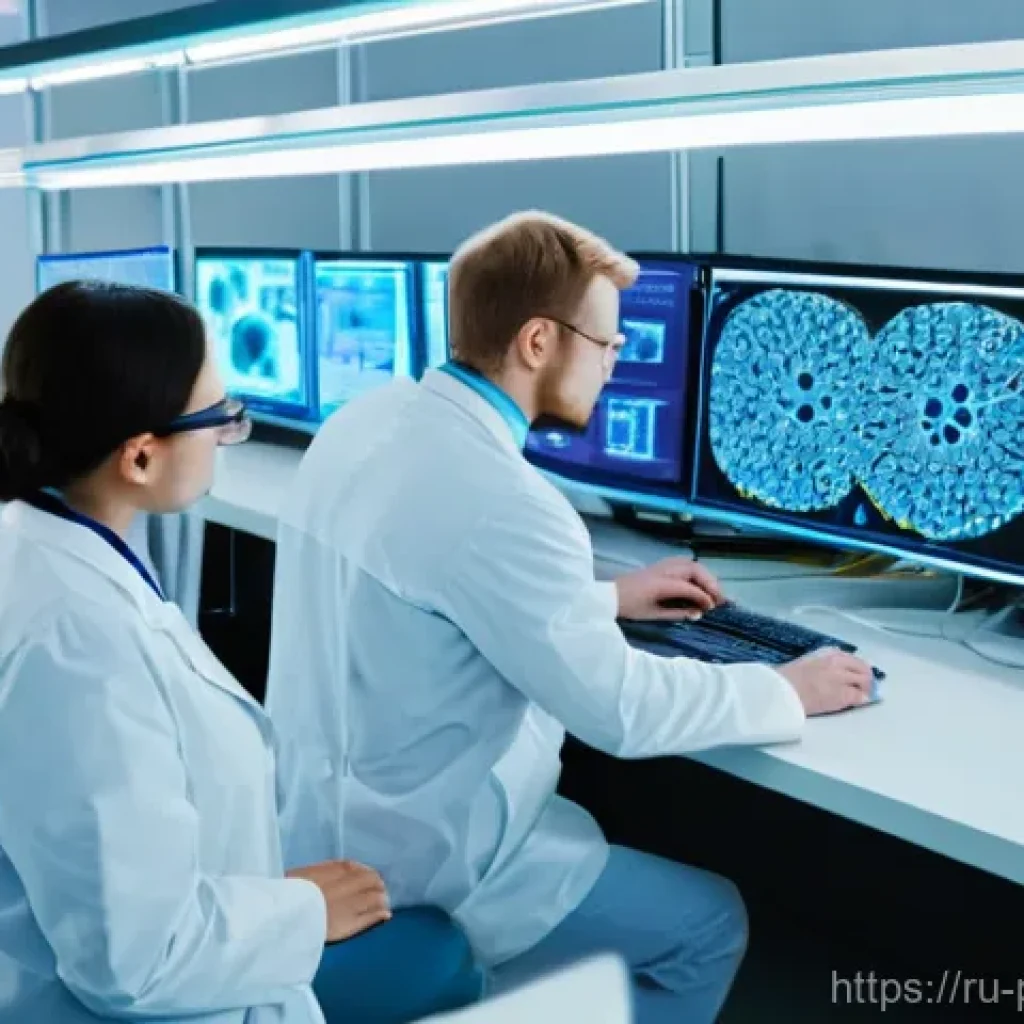 약사와 AI 기술의 융합 사례 - **Prompt:** "A group of diverse Russian scientists, both men and women, in white lab coats, intently...