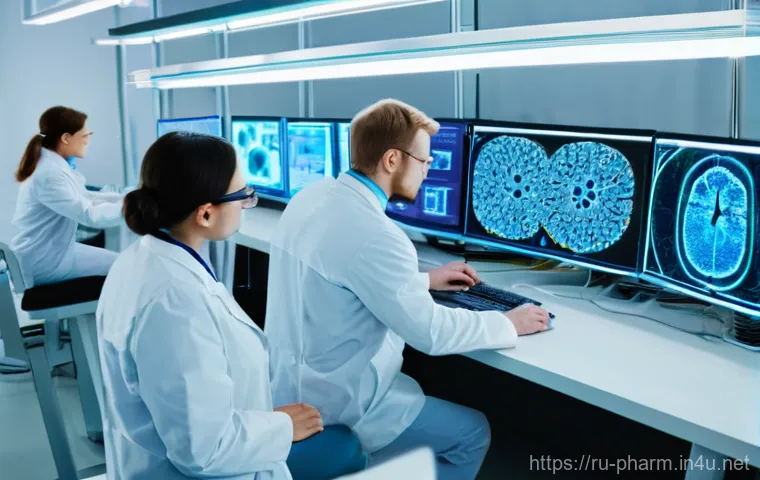 약사와 AI 기술의 융합 사례 - **Prompt:** "A group of diverse Russian scientists, both men and women, in white lab coats, intently...