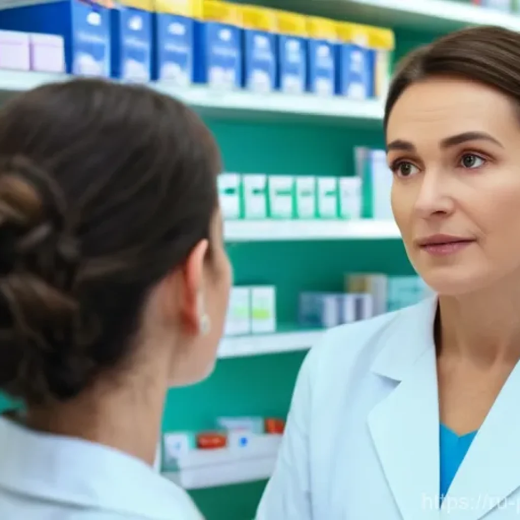 약사 직업군 내 리더십 키우기 - A professional female pharmacist, in her late 40s, with a warm and understanding expression, wearing...