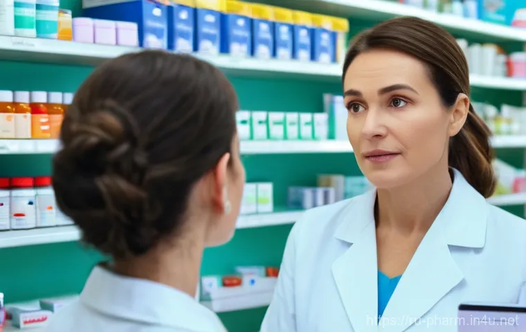 약사 직업군 내 리더십 키우기 - A professional female pharmacist, in her late 40s, with a warm and understanding expression, wearing...