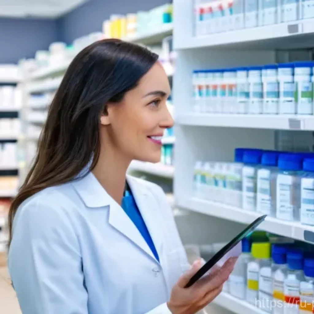 약사 약물 데이터 마이닝 활용법 - A professional female pharmacist, mid-30s, with a warm, attentive expression, wearing a clean, moder...
