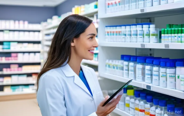 약사 약물 데이터 마이닝 활용법 - A professional female pharmacist, mid-30s, with a warm, attentive expression, wearing a clean, moder...