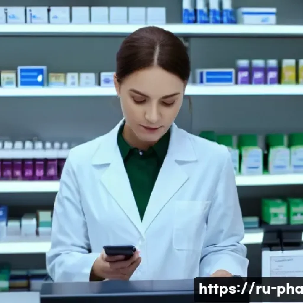 약사 약국 실무에서 필요한 문서들 - **Prompt:** A professional Russian female pharmacist, mid-30s, wearing a crisp white lab coat, stand...