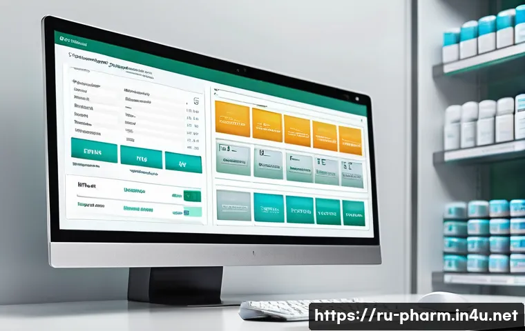 약사 약물 정보 데이터베이스 구축법 - A modern pharmacy database interface displayed on a sleek desktop monitor, showing detailed drug inf...