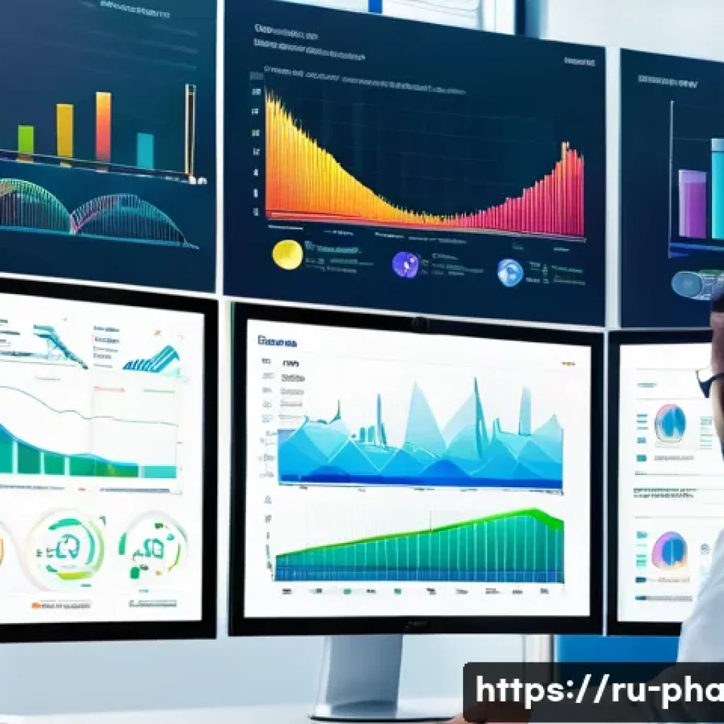 약사 약물 데이터 시각화 방법 - A detailed interactive pharmaceutical dashboard displayed on a high-resolution computer screen in a ...