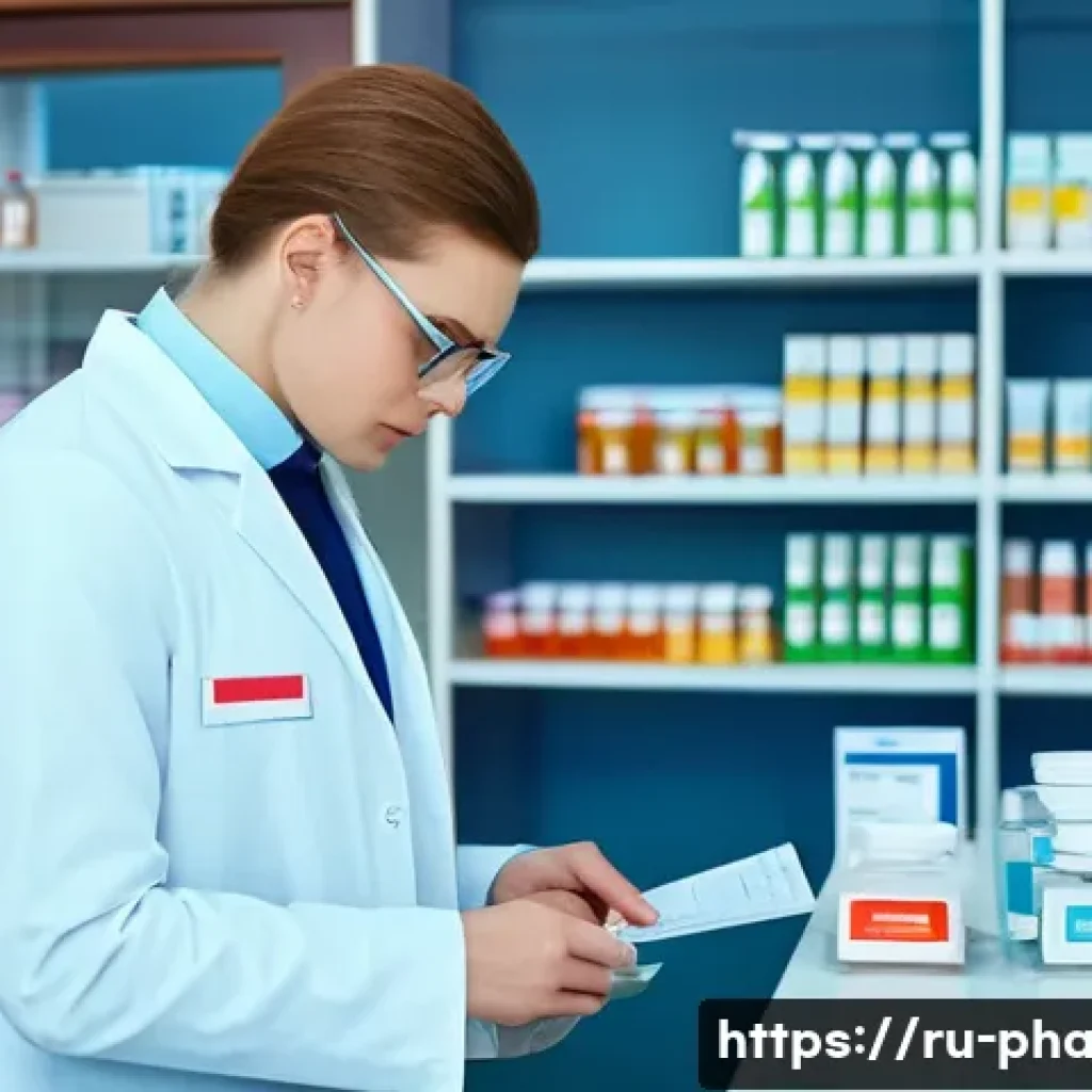 약사 처방 조제 절차 및 팁 - A professional Russian pharmacy interior scene showing a licensed pharmacist attentively examining a...