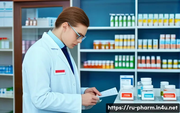 약사 처방 조제 절차 및 팁 - A professional Russian pharmacy interior scene showing a licensed pharmacist attentively examining a...