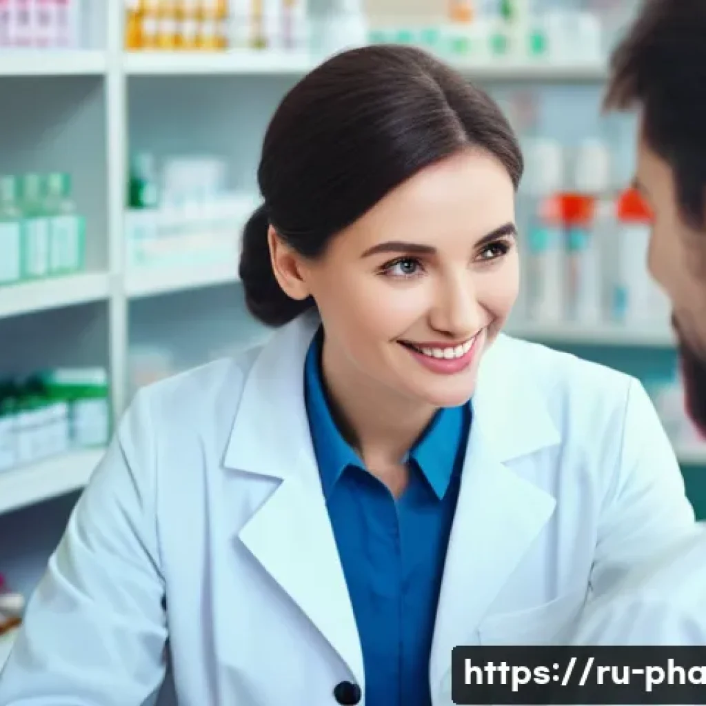 약사와 환자 간 소통 팁 - A warm and welcoming pharmacy scene showing a friendly pharmacist with a genuine smile, attentively ...