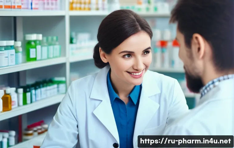 약사와 환자 간 소통 팁 - A warm and welcoming pharmacy scene showing a friendly pharmacist with a genuine smile, attentively ...