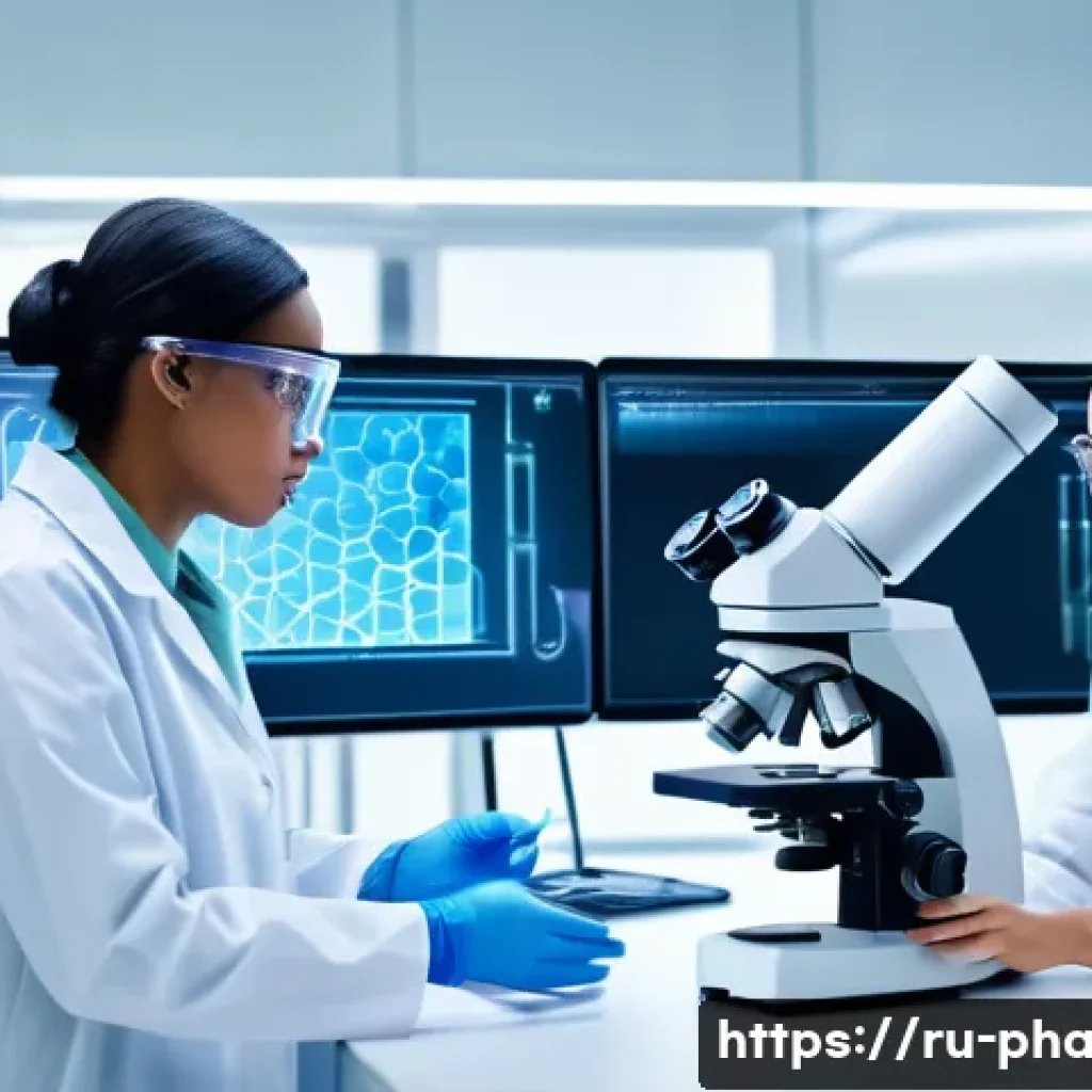 약사 제약산업 내 커리어 기회 - A modern pharmaceutical research laboratory scene with diverse scientists in lab coats conducting ex...