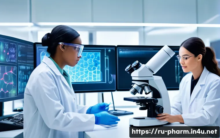 약사 제약산업 내 커리어 기회 - A modern pharmaceutical research laboratory scene with diverse scientists in lab coats conducting ex...
