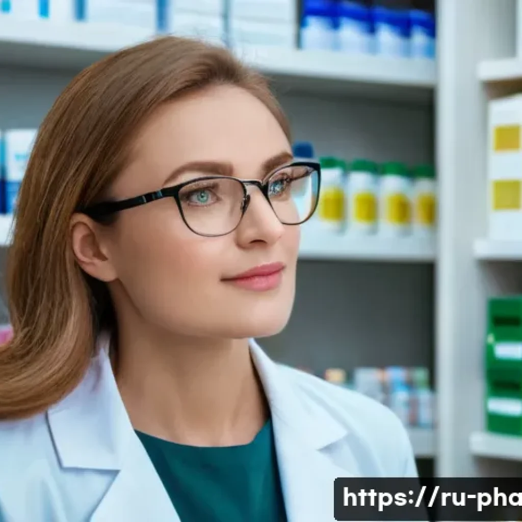 약사들을 위한 자기 계발 도서 추천 - A professional Russian pharmacist in a modern pharmacy setting, wearing a clean white lab coat and g...