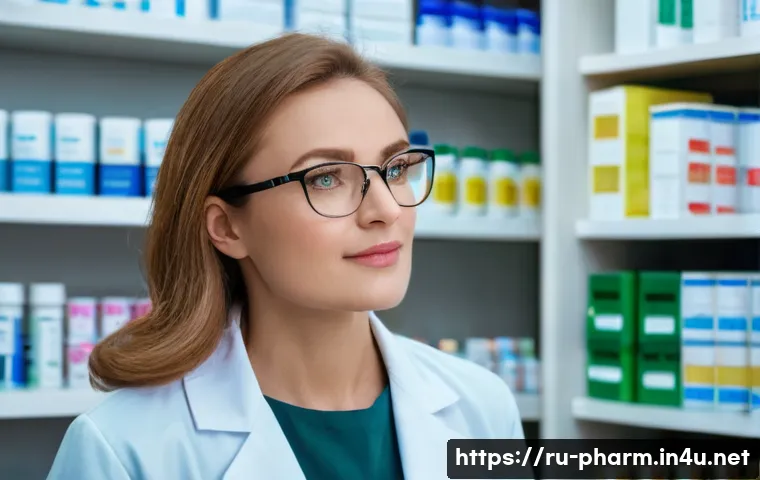 약사들을 위한 자기 계발 도서 추천 - A professional Russian pharmacist in a modern pharmacy setting, wearing a clean white lab coat and g...