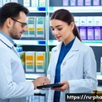 Home 22 약사 약물 상호작용 데이터 분석 - A modern clinical pharmacy setting with a pharmacist consulting a middle-aged Russian-speaking patie...
