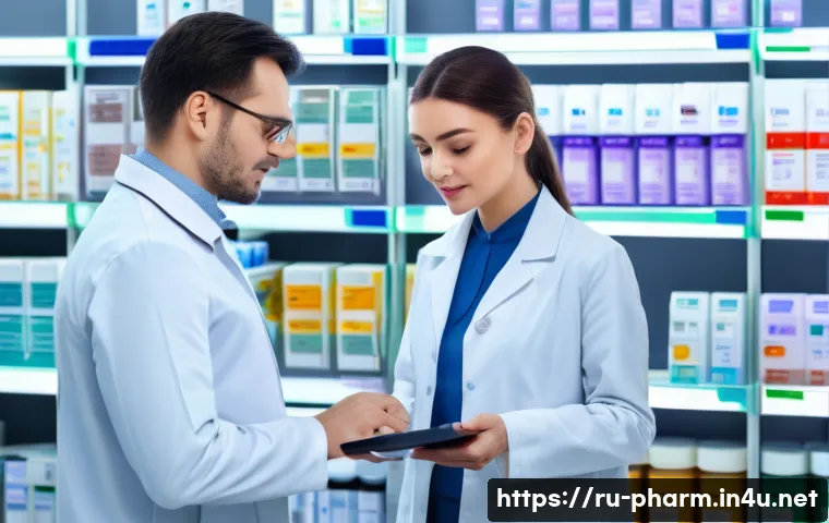 약사 약물 상호작용 데이터 분석 - A modern clinical pharmacy setting with a pharmacist consulting a middle-aged Russian-speaking patie...