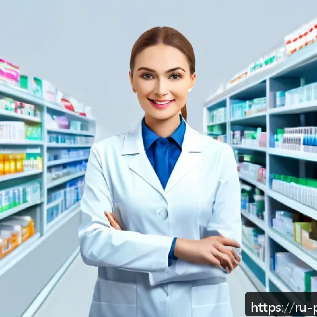 약사 약국 관리 시스템 소개 - A modern Russian pharmacy interior featuring pharmacists using advanced digital inventory management...