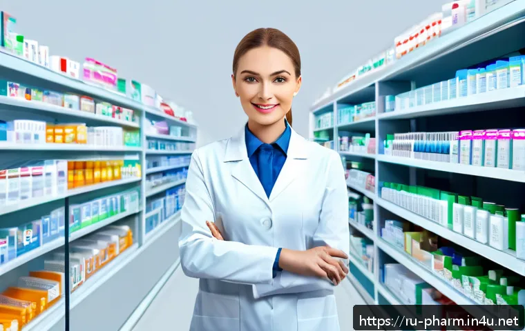 약사 약국 관리 시스템 소개 - A modern Russian pharmacy interior featuring pharmacists using advanced digital inventory management...