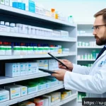 Home 19 약사 의약품 안전성 평가 방법 - A modern Russian pharmacy interior with a professional pharmacist in a white coat carefully explaini...