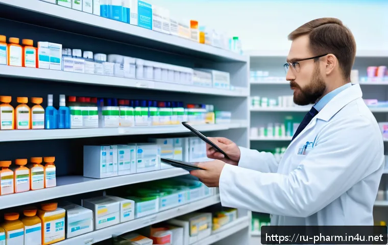 약사 의약품 안전성 평가 방법 - A modern Russian pharmacy interior with a professional pharmacist in a white coat carefully explaini...