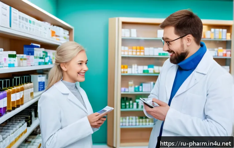 약사와 소비자 신뢰 구축 방법 - A warm and inviting modern pharmacy interior in Russia, bright and clean with organized shelves fill...