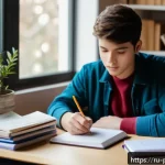 Home 23 약사 시험 이론 공부 방법 - A focused young adult student in a cozy, well-organized study corner illuminated by warm natural lig...