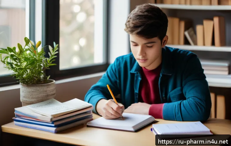 약사 시험 이론 공부 방법 - A focused young adult student in a cozy, well-organized study corner illuminated by warm natural lig...