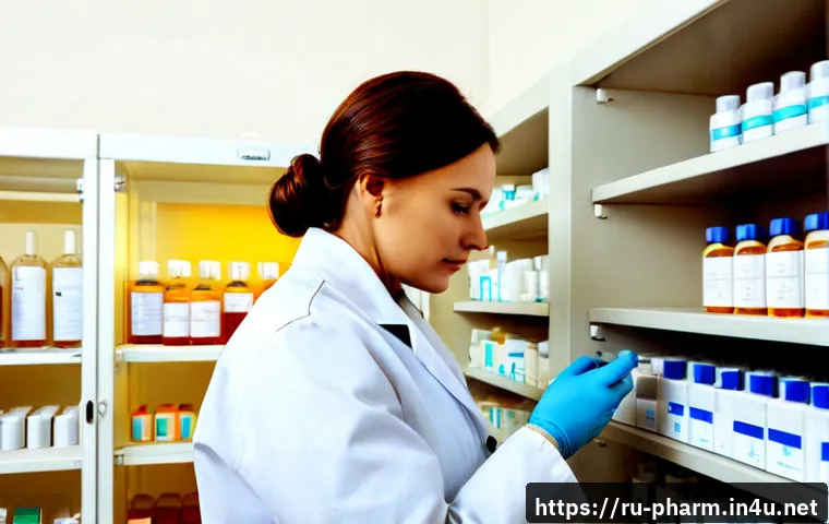 약사들이 주의할 약물 보관법 - Photorealistic Russian pharmacy storage room, a professional pharmacist in a clean white coat wearin...